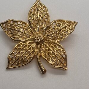 Gold Tone Filigree Flower Brooch Pin Statement Jewelry Accessory